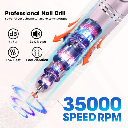 Nail Drill Machine 35000RPM Cordless Rechargeable — Professional Wireless Electric E-File Kit for Acrylic Gel Natural Nails, USB Nail File Drill Set for Salon & Home Manicure, 108 Bits Included