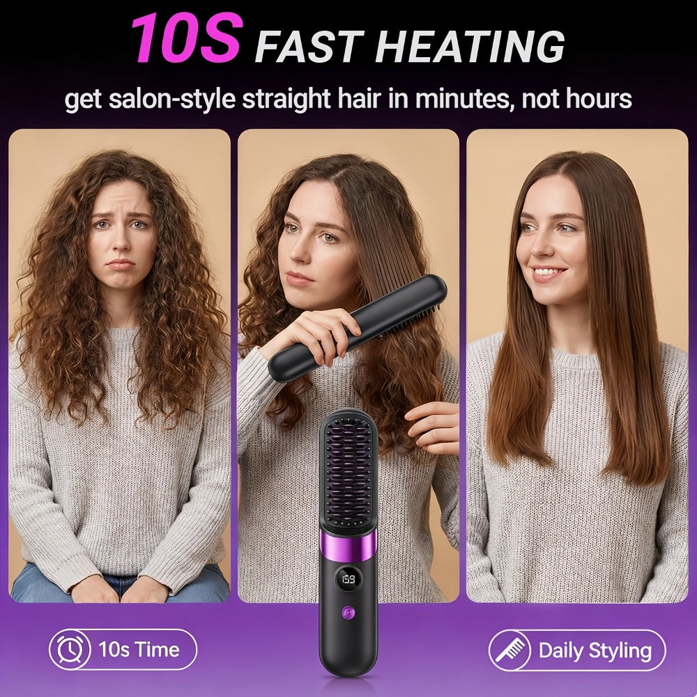 Ionic Hair Straightener Brush, USB-C Rechargeable And Adjustable Temperature - 3-In-1 Straightener for Frizz Control And Shine, Anti-Scald | Salon Results at Home