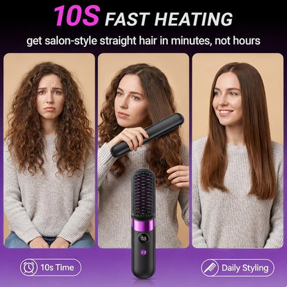 Hair Straightener Brush Ionic USB-C Rechargeable 3-in-1 Straightener Curler Styler – Adjustable Temperature, Anti-Scald, Frizz Control & Shine, Salon Results at Home