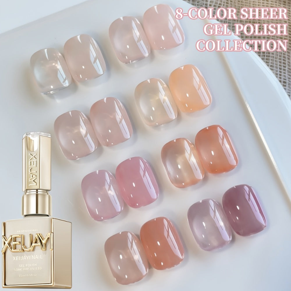Jelly Gel Nail Polish Set 8 Colors — Summer Ice Transparent Sheer Shades, Glossy Hydrating Formula, LED Lamp Compatible Nail Art Manicure Kit