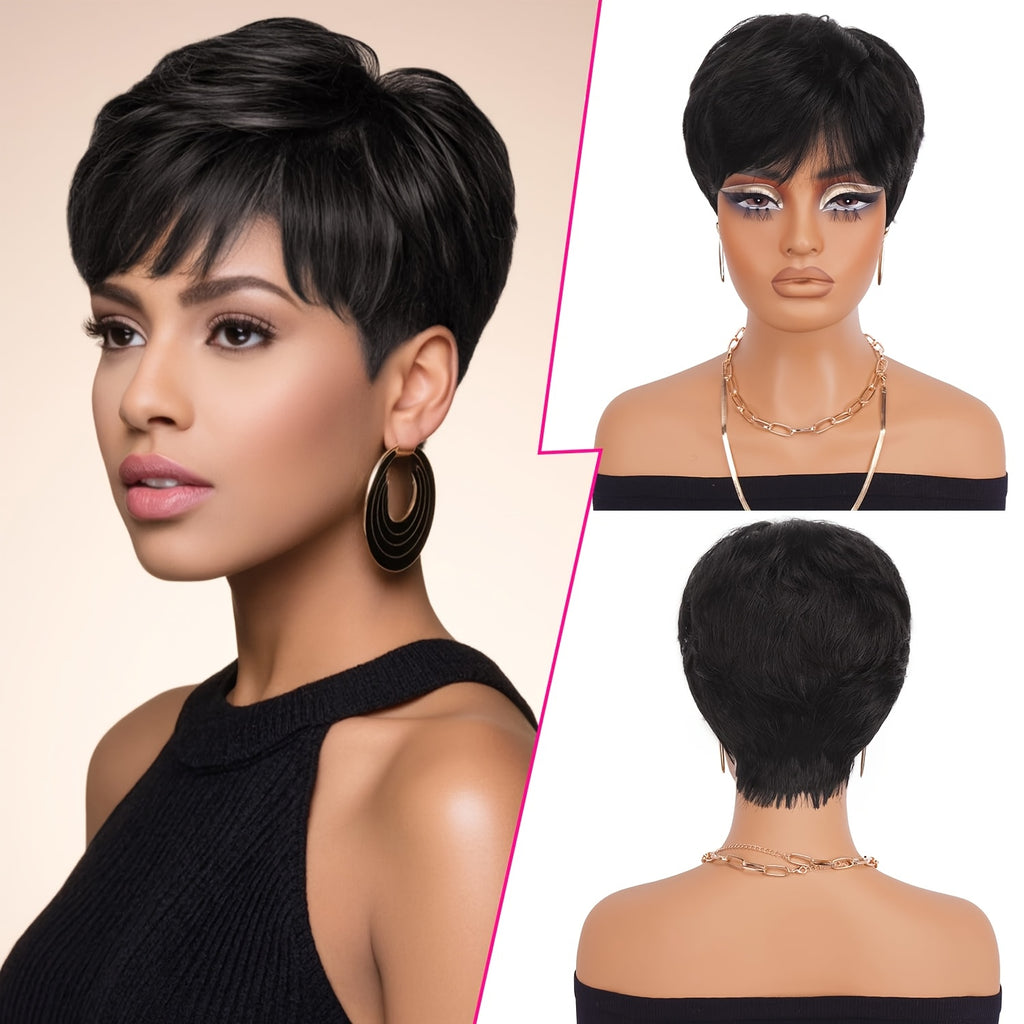 Women'S Short Fairy Hairstyle Wig - 150% Density Brazilian Human Hair, Mechanism Rose Net Cap, No Glue, Easy to Wear, Suitable for Beginners, Daily Headwear, Elegant Hairstyle, Quick Style Transformation, Exclusive for Fashion Enthusiasts