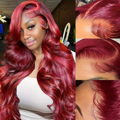 Body Wave Lace Front Wig for Women — 13x4 HD Transparent Lace, 250% Density Glueless Synthetic Hair, 28 & 32 Inch, Natural Black & Crimson, Heat Resistant, Daily & Special Events