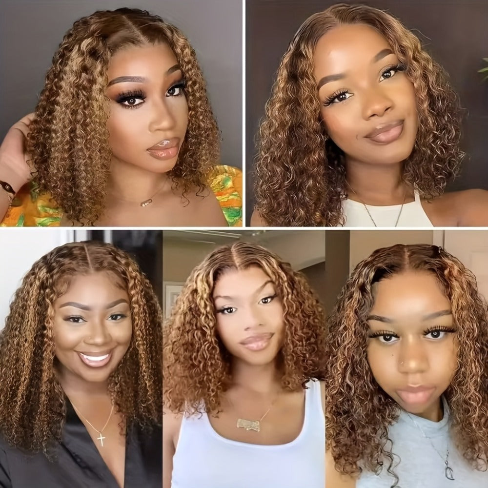 Water Wave Lace Front Wig Human Hair 13x4 — 4/27 Highlight Ombre Blonde, Brazilian Curly Short Bob, Full Lace Frontal Wig for Women, 10 Inch