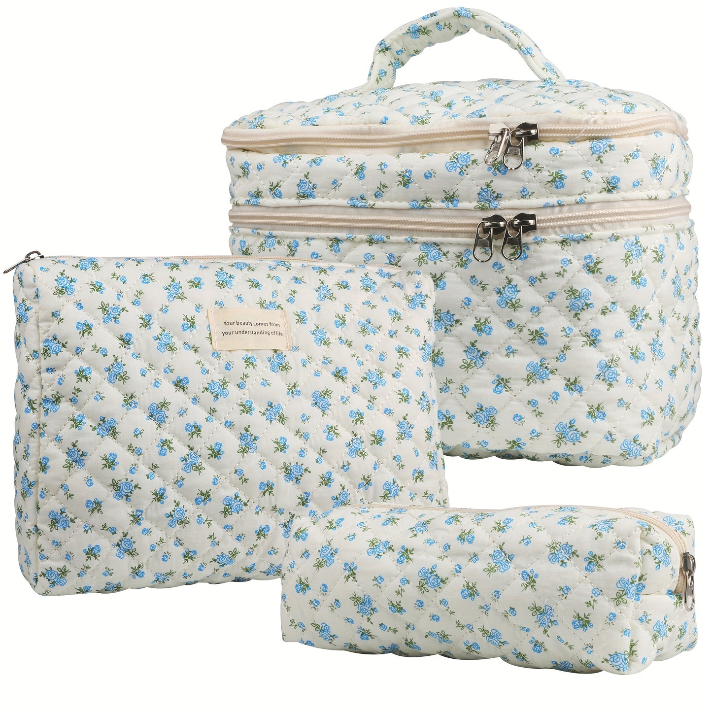Makeup Bag Set 3PCS Quilted Cotton Dual Layer Large Capacity Floral Coquette Aesthetic Travel Cosmetic Bag Women Toiletry Organizer Cute Soft Fabric Pouch Blue Pink Purple 6 Styles