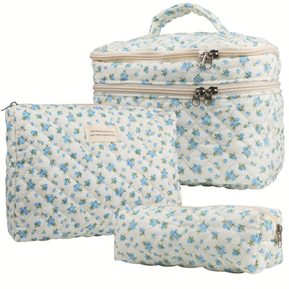 Makeup Bag Set 3PCS Quilted Cotton Dual Layer Large Capacity Floral Coquette Aesthetic Travel Cosmetic Bag Women Toiletry Organizer Cute Soft Fabric Pouch Blue Pink Purple 6 Styles