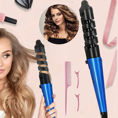 Automatic Spiral Curling Iron Ceramic Anti-Tangle – Professional Auto Curler Easy Operate Hair Styling Tool with Comb & 2 Hair Clips – Blue, Pink