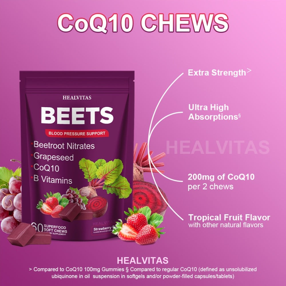 Super Beets All-in-One Beet Root Gummies & Chews - Beet Powder with Vitamins B12/B6, CoQ10 & Grapeseed - Heart Health Support, Blood Pressure Health Supplement, Blood Flow Booster - Chewable Vitamins for Blood Pressure Support 1pc/2pcs/3pcs