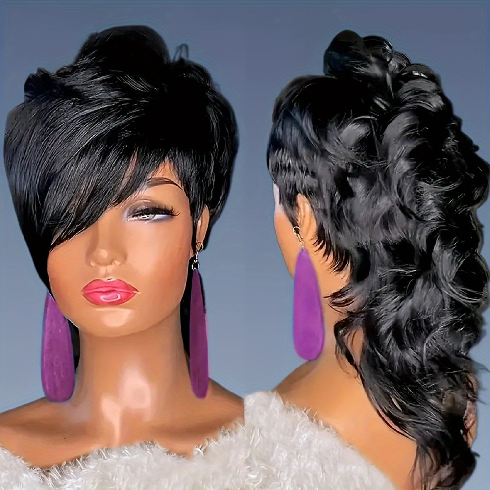 Women's Pixie Cut Mullet Wig with Bangs - Black Curly Wave 150% Density Rose Net Cap High-Temperature Synthetic Fiber Wig for | Realistic Texture, Low Maintenance & Heat Resistant Styling, Hair Wig, Fashion Accessory, Tailcoat Hairstyle