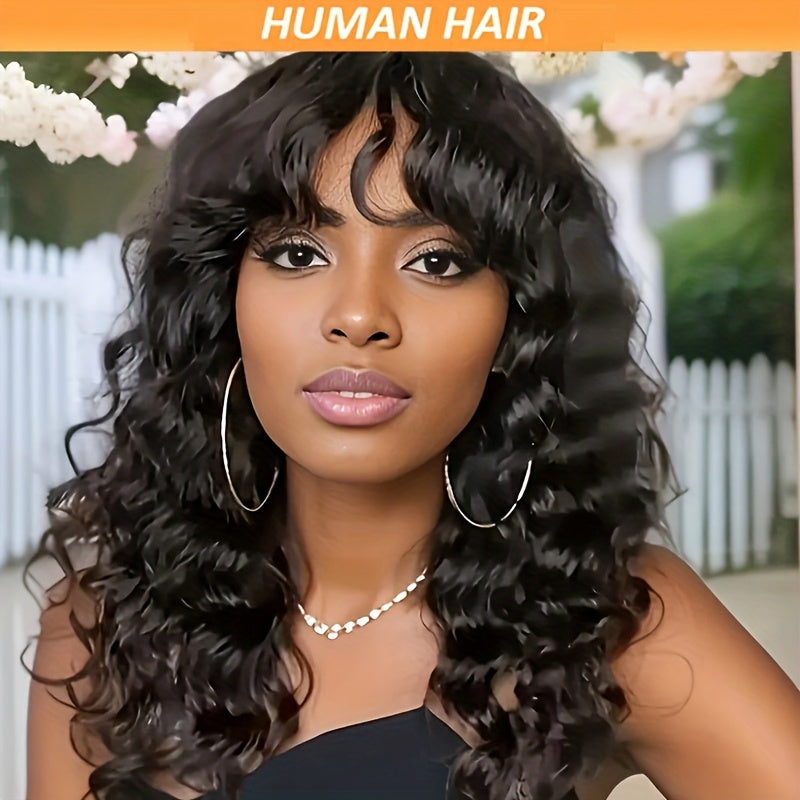 [Water Wave Wig] Elegant Water Wave Wig With Bangs For Woman Glueless Wigs Remy Human Hair, Full Machine Made, Non-Lace, Rose Net Cap, Ideal For Daily Wear & Parties