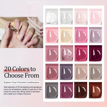 Dip Powder Nail Kit 20 Colors Glitter Pink Purple Brown - French Manicure Starter Set with Top Coat Primer Activator - Salon Quality DIY Nail Art Kit for Beginners