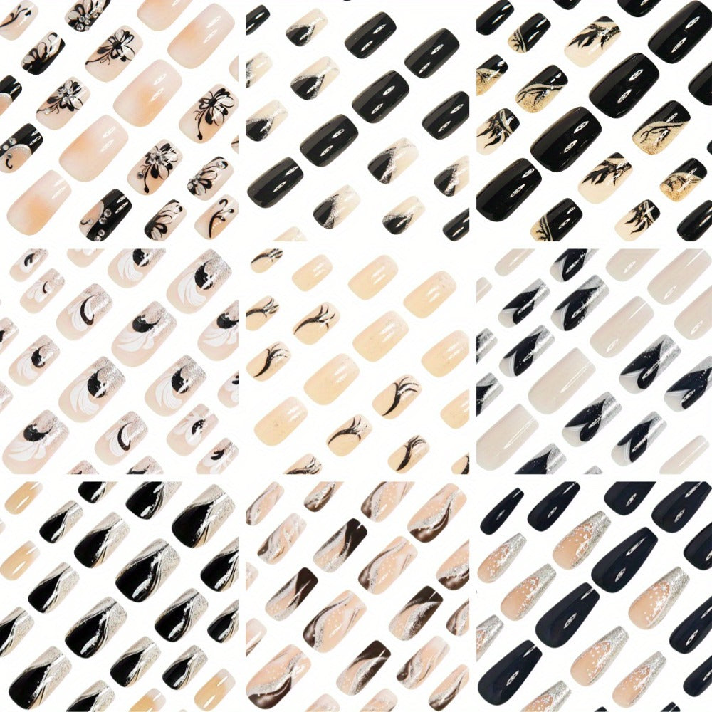 216pcs Elegant Press-On Nail Set in Black & White with Glitter Accents - Includes 3D Butterfly, Floral, And Fox Tail Designs, Medium Square Acrylic Nails for Women & - Comes with Jelly Glue & File, Fashion Nail Art|Elegant Nail Designs|Intricat