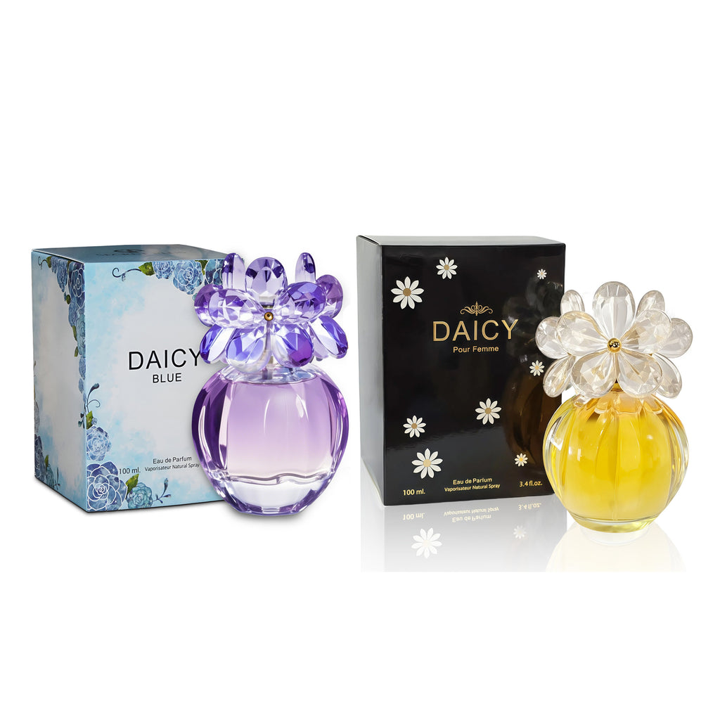 2-Piece Daicy Perfume Set Daicy Blue&Daicy Black 100ml Perfume Spray for Women, Romantic Floral Fruity Note, Floral Bottle Design, Elegant and Charming Daily Fragrance.