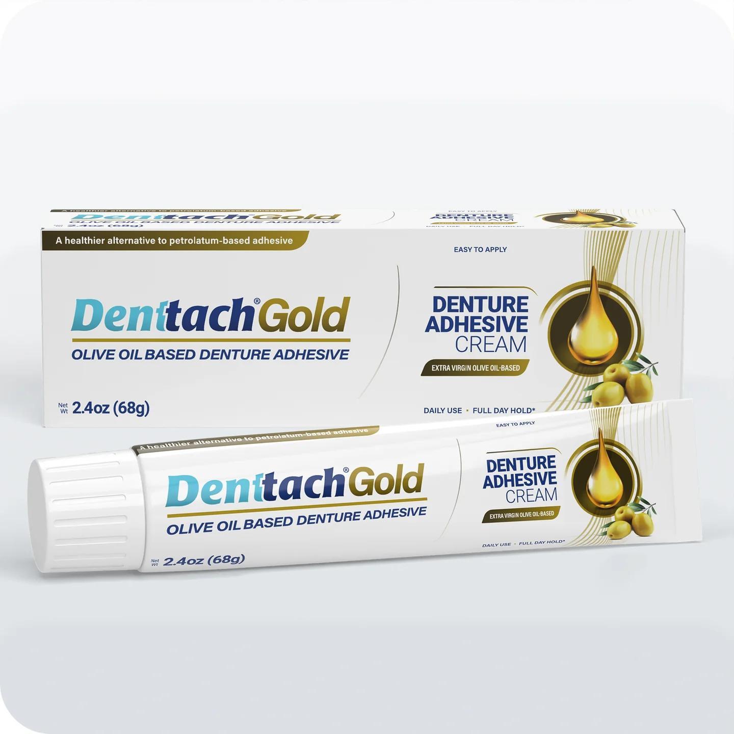 Denttach Gold Denture Adhesive, All Day Secure Hold Petroleum Free Olive Oil Based Refit and Tighten Loose Dentures | Non-Glue Adhesive Cushion, Works Like a Soft Reliner for Full and Partial Dentures Zinc Free 2.4 Ounce