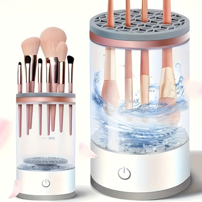 Electric Makeup Brush Cleaner & Dryer USB Powered Automatic Spinner Odorless Fast Drying Transparent Design Dual-Section Brush Holder Beauty Tool Accessory