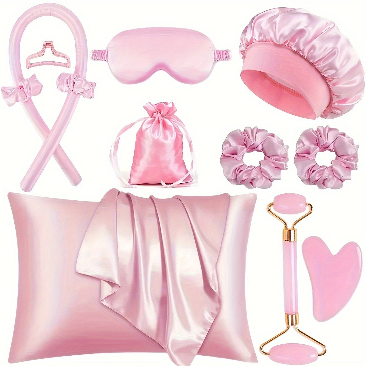 12pcs Sleep Hairstyling Tool Set, Curling Iron Set, Facial Massager, Hairband, Soft Sleep Mask, And Satin Sleep Cap For Hairstyling And Light Beige Queen Set, Satin Storage Bag, Women'S Facial Roller
