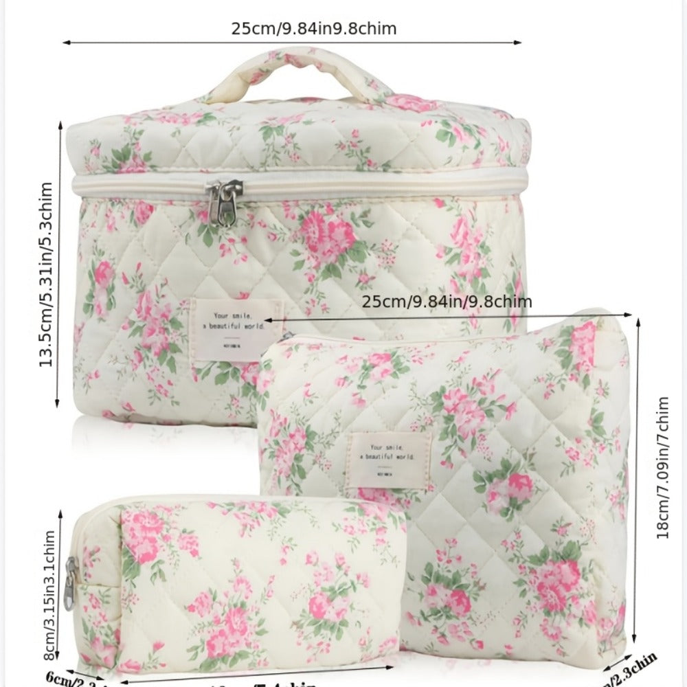 Large Capacity Floral Pattern Quilted Makeup Bag Set, 3 Counts Travel Cosmetic Bags, Stay Glam On-the-Go, Portable Zipper Makeup Organizer Pouches for Skincare, Cream, Lip Balm, Eyeliners, Makeup Tools, Makeup Container Set, Makeup Storage Organizer