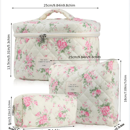 Quilted Makeup Bag Set 3 Pcs Floral Pattern Large Capacity Travel Cosmetic Bag Organizer Polyester Zipper Pouch for Skincare Makeup Tools Toiletry Blue Pink Peacock