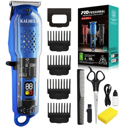 Hair Clippers for Men - Electric Hair Trimmer with LCD Display, Retro Transparent Body, USB Rechargeable Beard Trimmer for Pompadour Styles, Red Black Blue