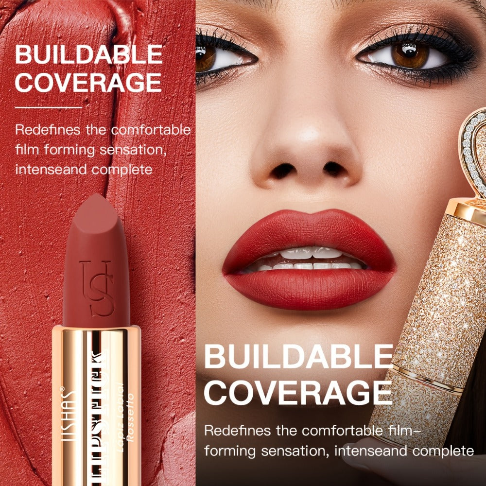 Matte Lipstick Heart-Shaped Design USHAS 24H Long-Lasting Velvet Lip Color Transfer-Resistant Buildable Coverage Highly Pigmented Smooth Application All-Day Wear Multi-Color Options