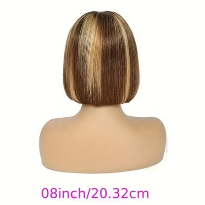 Lace Front Bob Wig 5x1 Short Straight P4/27 Honey Highlight 180% Density Glue Free Wear and Go Pre-Painted Pre-Styled Human Hair Wig Women 8-14 Inch
