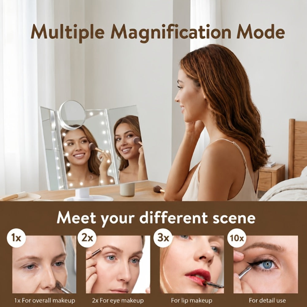 Makeup Mirror, Tri-Fold Lighted Adjustable Vanity Makeup Mirror with 21 LED Lights, Touch Screen And 3X/2X/1X Magnification (Free 10X Mini Mirror Included), Two Power Supply Modes, 360° Rotation, Ideal Gift Option (Rose Golden/White/Black)