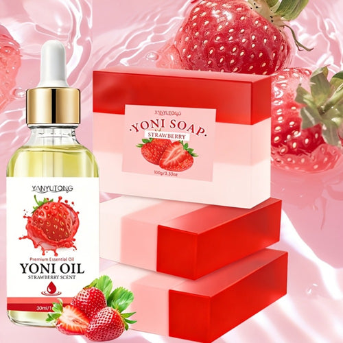 Yoni Wash Set for Women 4pcs Strawberry Scented Yoni Oil Yoni Soap Feminine Hygiene Bath Set pH Balance Odor Control Moisturizing Intimate Care Products