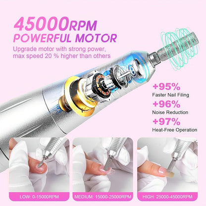 Nail Drill Machine 45000 RPM Brushless Motor Rechargeable Electric Nail File with LCD Screen 6 Bits Kit for Gel Acrylic Manicure Pedicure Home Salon Professional