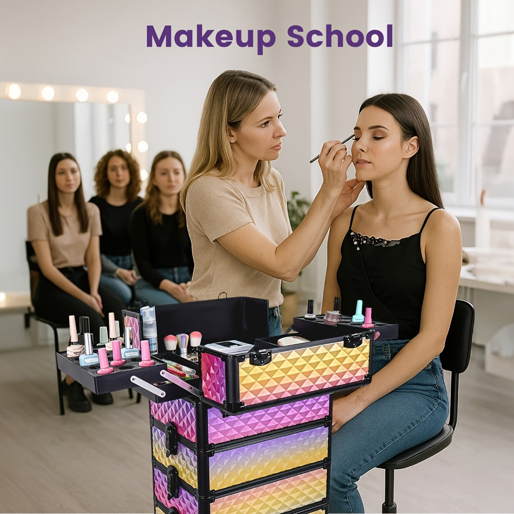 All-In-One Makeup Kit : 4-In-1 Rolling Makeup Train Case with Beauty Sponge, Large Portable Cosmetic Trolley with 360° Wheels, Professional Salon & Travel Storage Organizer