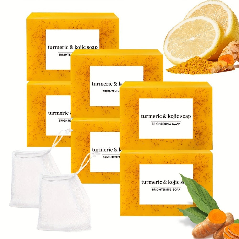 6/12pcs Turmeric Soap Set with Lemon, Turmeric Cleansing Soap, Body Soap, Handmade, Alcohol-Free, Great for Facial And Body Cleansing, Exfoliating Bath Soap, with Two Lathering Screens, Oil Control