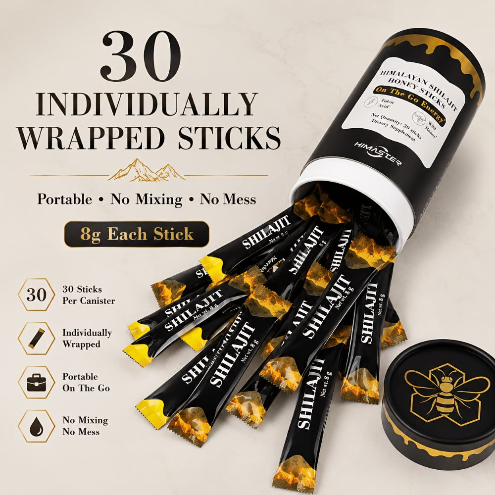 Himaster Shila Honey Sticks, 30 Sticks 1 Bottle Easy to Consume, Shila for Support, Vitality, 85+ Trace Minerals, 75%+ Fulvic Acid for Men & Women Himalayan Shila Sticks with Honey & Saffron