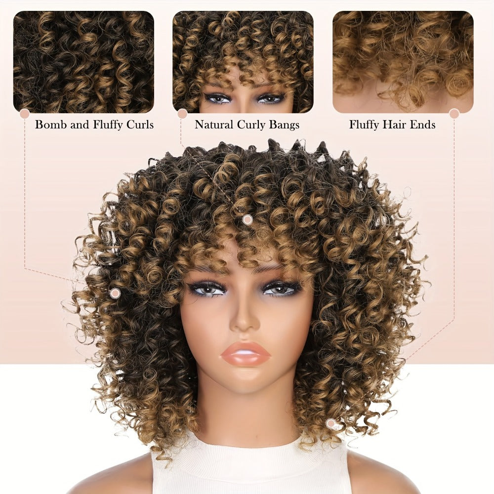 Afro Kinky Curly Wig for Black Women — Short Synthetic Wig with Bangs, 180% High Density, Natural Fluffy Curls, Stretch Cap, Daily Wear & Party, Fits All Head Sizes