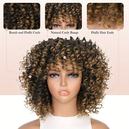 Afro Kinky Curly Wig for Black Women — Short Synthetic Wig with Bangs, 180% High Density, Natural Fluffy Curls, Stretch Cap, Daily Wear & Party, Fits All Head Sizes