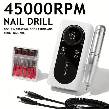 Nail Drill Machine 45000 RPM Brushless Motor Rechargeable Electric Nail File with LCD Screen 6 Bits Kit for Gel Acrylic Manicure Pedicure Home Salon Professional