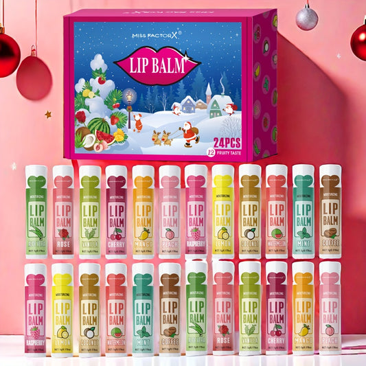 [Christmas Lip Balm Set] 24pcs/Box Christmas Theme Gift Lip Balm Set | Plant Fragrance, Long-lasting Moisturizing, Brightening Lip Color, Suitable for Men and Women, New Year Party Gift for Women