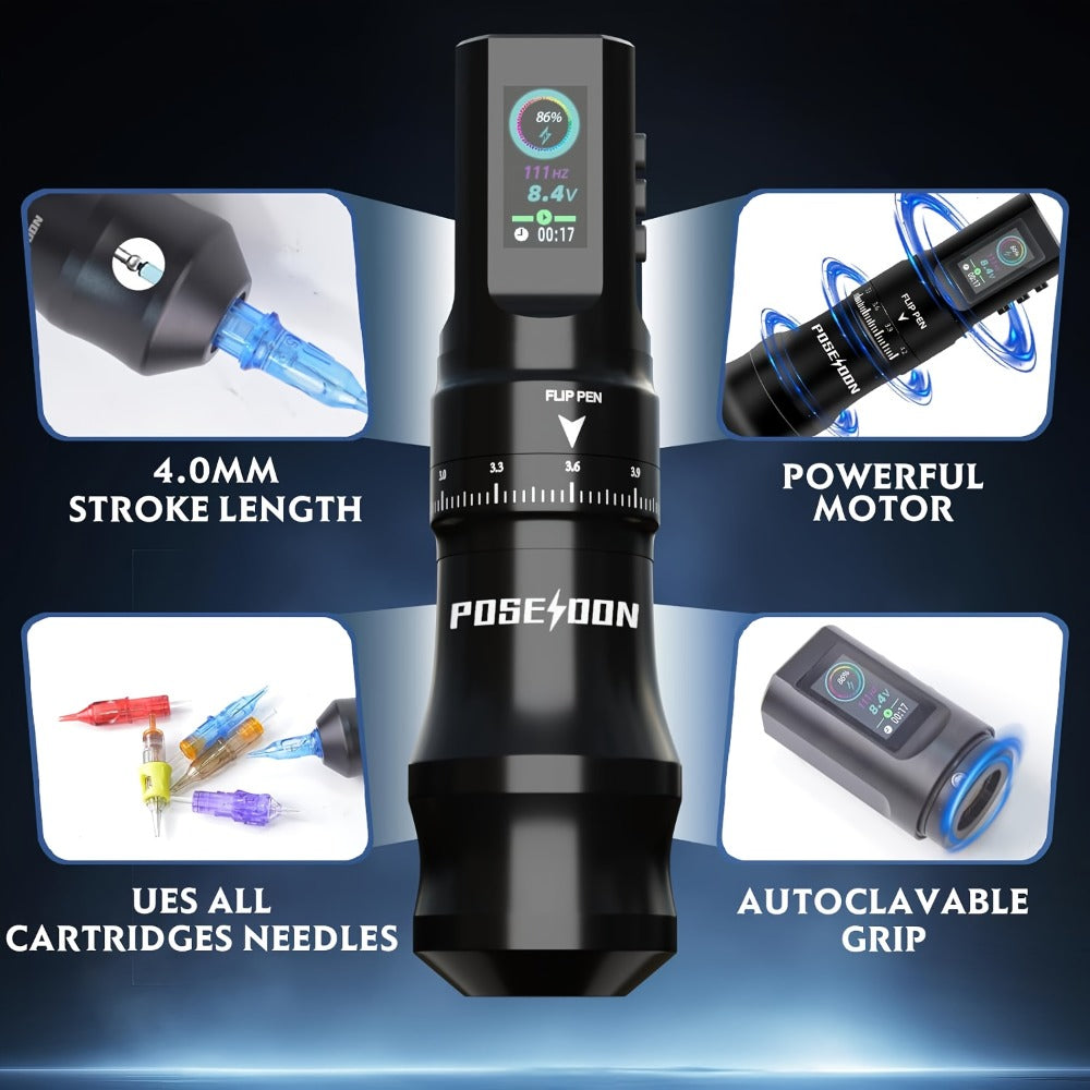 POSEIDON Tattoo Pen Kit, Wireless Rotary Tattoo Gun Kit, LED Color Screen Tattoo Machine Kit with 20pcs Tattoo Cartridge Needles, 11 Tattoo Inks for Beginners