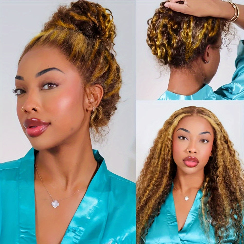 Honey Blonde Ombre Wig P4/27 Highlight Long Deep Wave Wig Long Curly Wavy Wig 200% Density Pre Plucked Glueless Wig HD Lace Ready To Wear Wigs Heat Resistant Fiber Wig For Fashion Women Girls Party Vacation Daily Used 28inch