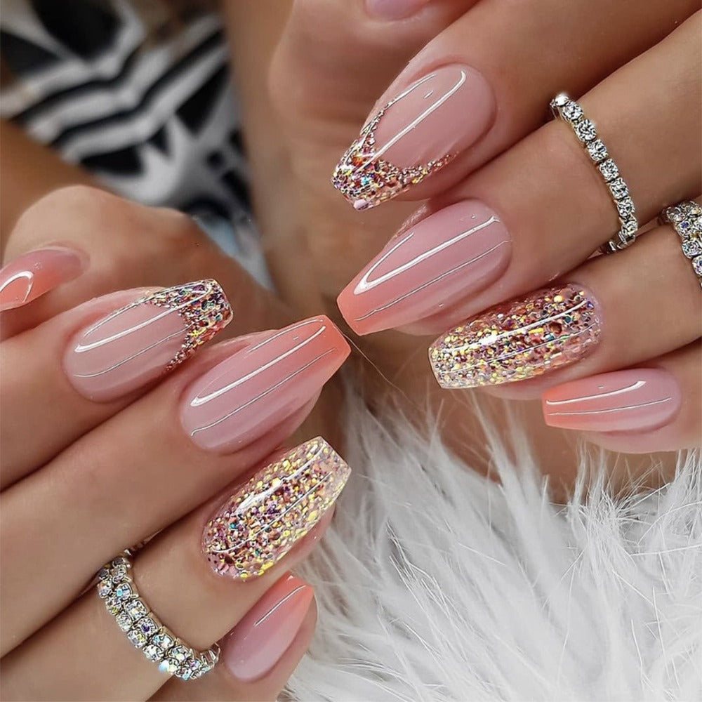 5pcs 120pcs Sparkling Glitter Coffin Nails - Medium Length with Sequins Designs Durable Glossy Pinkish Purple Acrylic - Full Cover False Nails for Women-Easy Press-On, Secure Glue-On,  Nail Art, Press On Manicure, Beauty Lovers