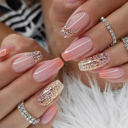 Coffin Press On Nails 120pcs Medium Length - Sparkling Glitter Sequin Pinkish Purple Glossy Full Cover False Nails Acrylic Nail Art Kit for Women 5 Pack Press On Manicure