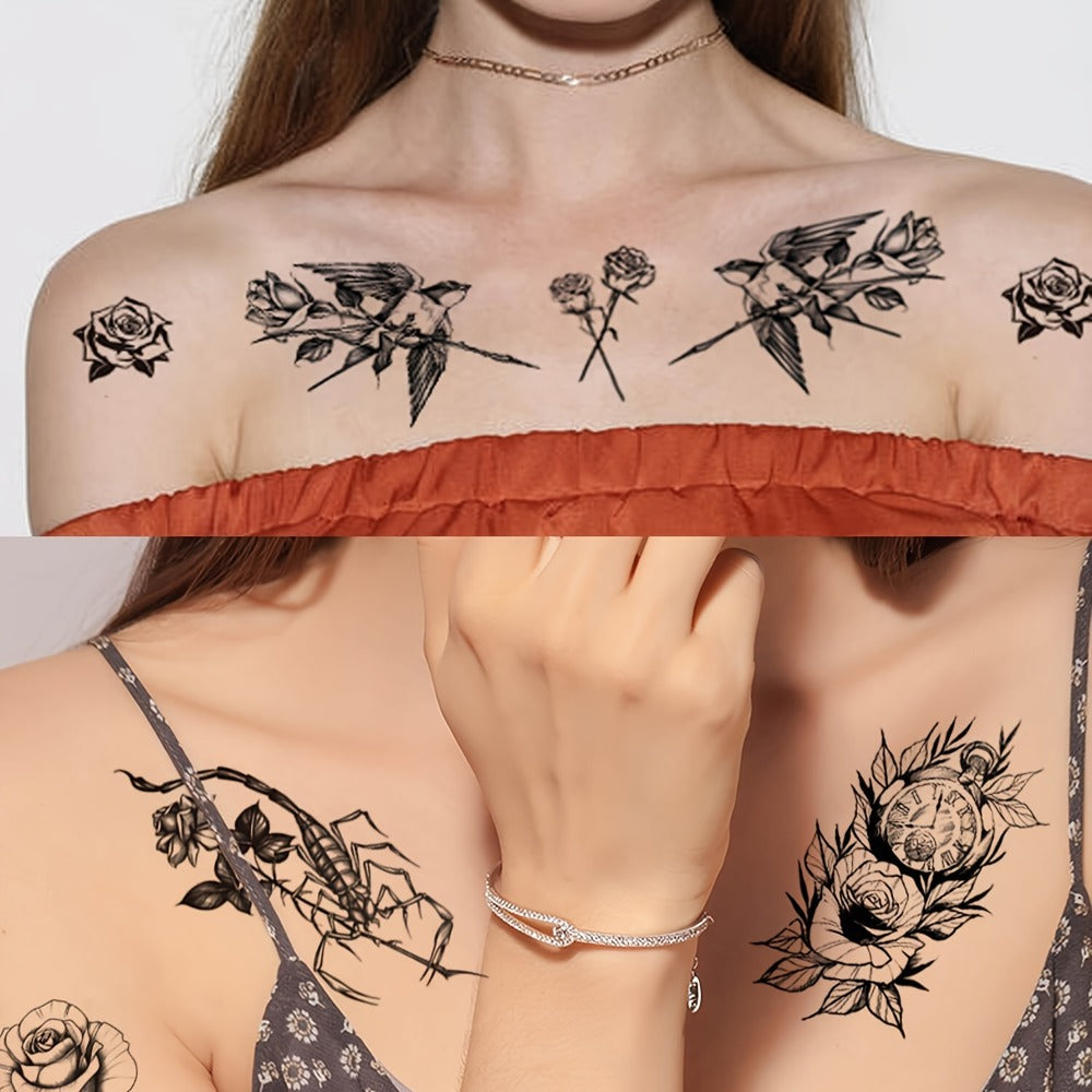 GLARYYEARS Temporary Tattoo for Women, 44-Pack Large+Small Size Realistic Flower Tattoos, Long-Lasting Fake Tattoo Stickers, Cool Black Body Half Arm Tattoos, Butterfly Snake Tattoo Design