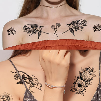 Temporary Tattoos for Women 44-Pack | Realistic Floral Butterfly Snake Half Arm Body Art Stickers | Large & Small Sheets Long-Lasting Fake Tattoo | Waterproof Black Flower Tattoo Design Set