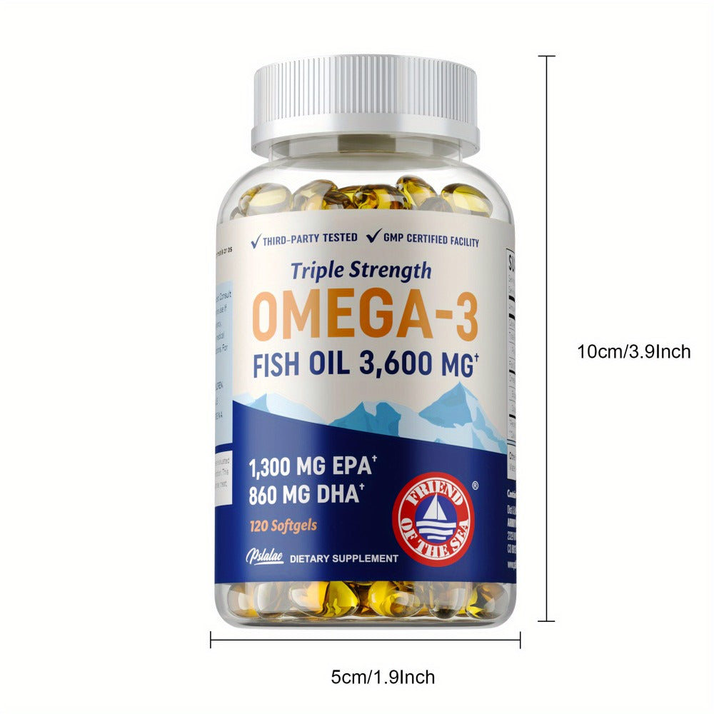 Omega 3 Fish Oil - with EPA & DHA, Omega-3, Triple Strength Omega 3 Fish Oil Supplement, for Eye Brain and Heart Health - 120pcs