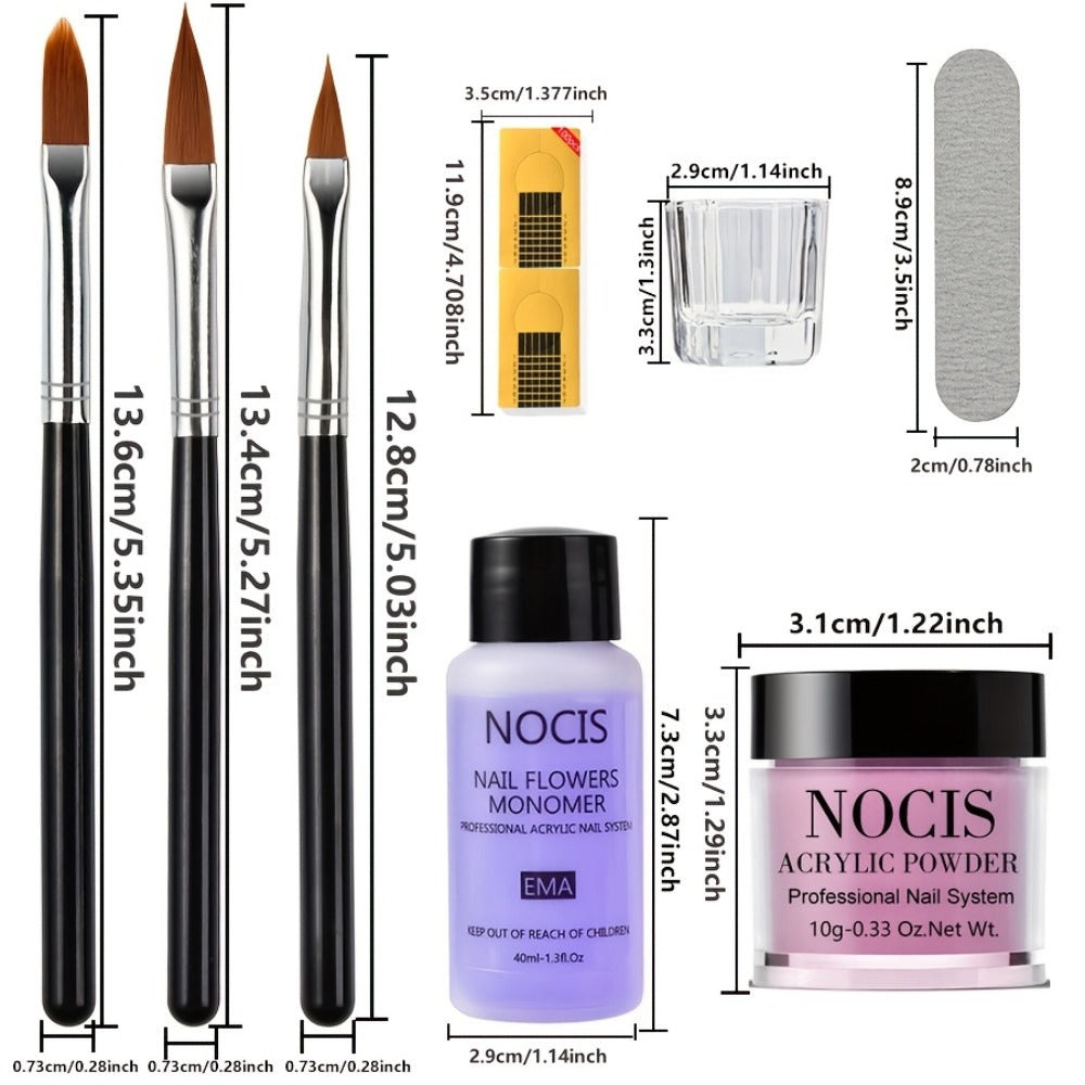 NOCIS Professional Acrylic Nail Kit - Salon-Quality Set with Liquid Monomer, 4 Powders & Brushes for Extensions, Carving & French Manicure - Odorless, Perfect for At-Home Beauty