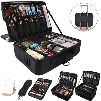 Professional Makeup Train Case 3-Layer Large Travel Cosmetic Organizer with Adjustable Dividers Shoulder Strap Brush Holder 15.8 Inch Makeup Artist Storage Box Black