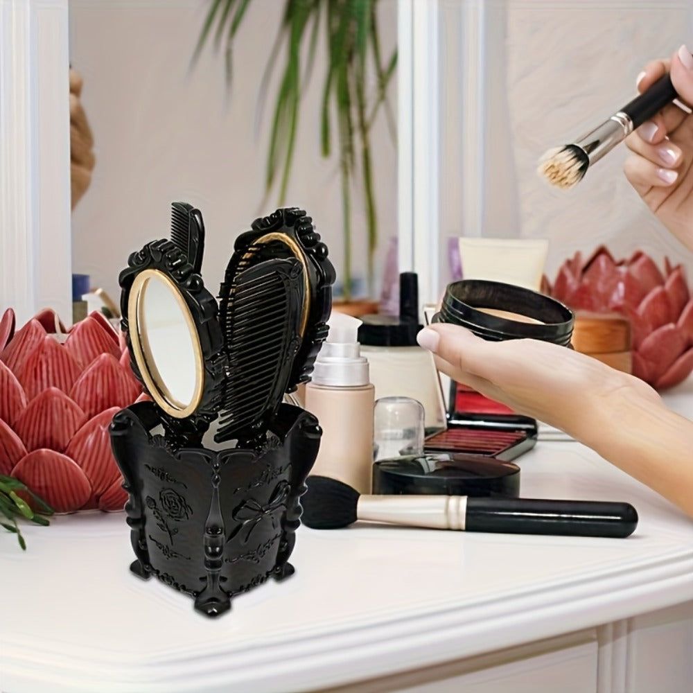 Black Mirror Comb Set, Scalp Massage Hairbrush with Mirror, Retro Hair Comb, Makeup Hair Comb