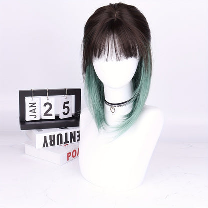 Synthetic Bob Wig with Bangs Ombre Color — 150% Density, Short Straight, Rose Net Cap, Brown Black with Wine Red, Pink or Green, 16 Inch, Halloween Cosplay Party