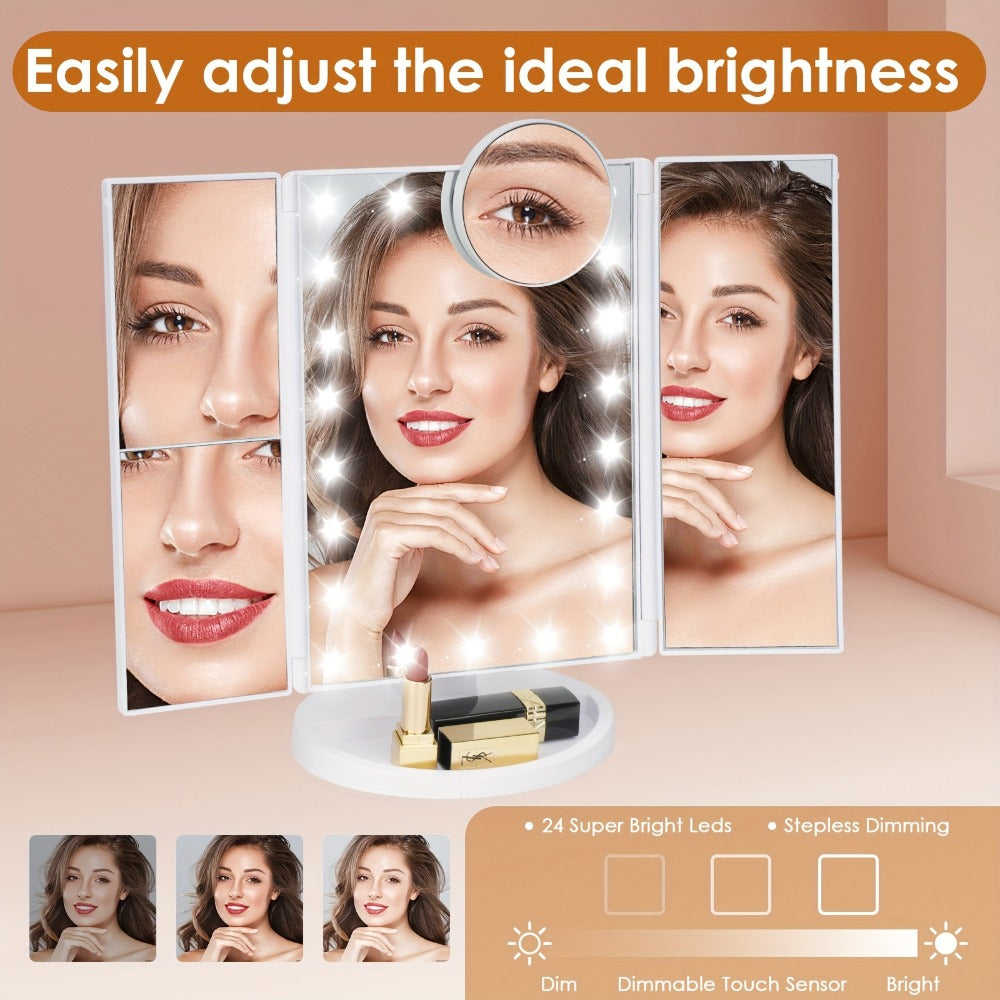 LED Trifold Mirror with Magnifying Mirror, Lighted Cosmetic Mirror Dressing Mirror, Bathroom Adjustable Brightness Mirror, 1X/2X/3X/10X Magnification And Touch Screen Trifold Cosmetic Mirror, Two Power Modes