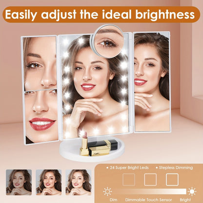 LED Lighted Trifold Makeup Mirror with 1X 2X 3X 10X Magnification, Touch Screen Vanity Mirror with Adjustable Brightness, USB Powered Folding Cosmetic Mirror for Bathroom Dressing Table