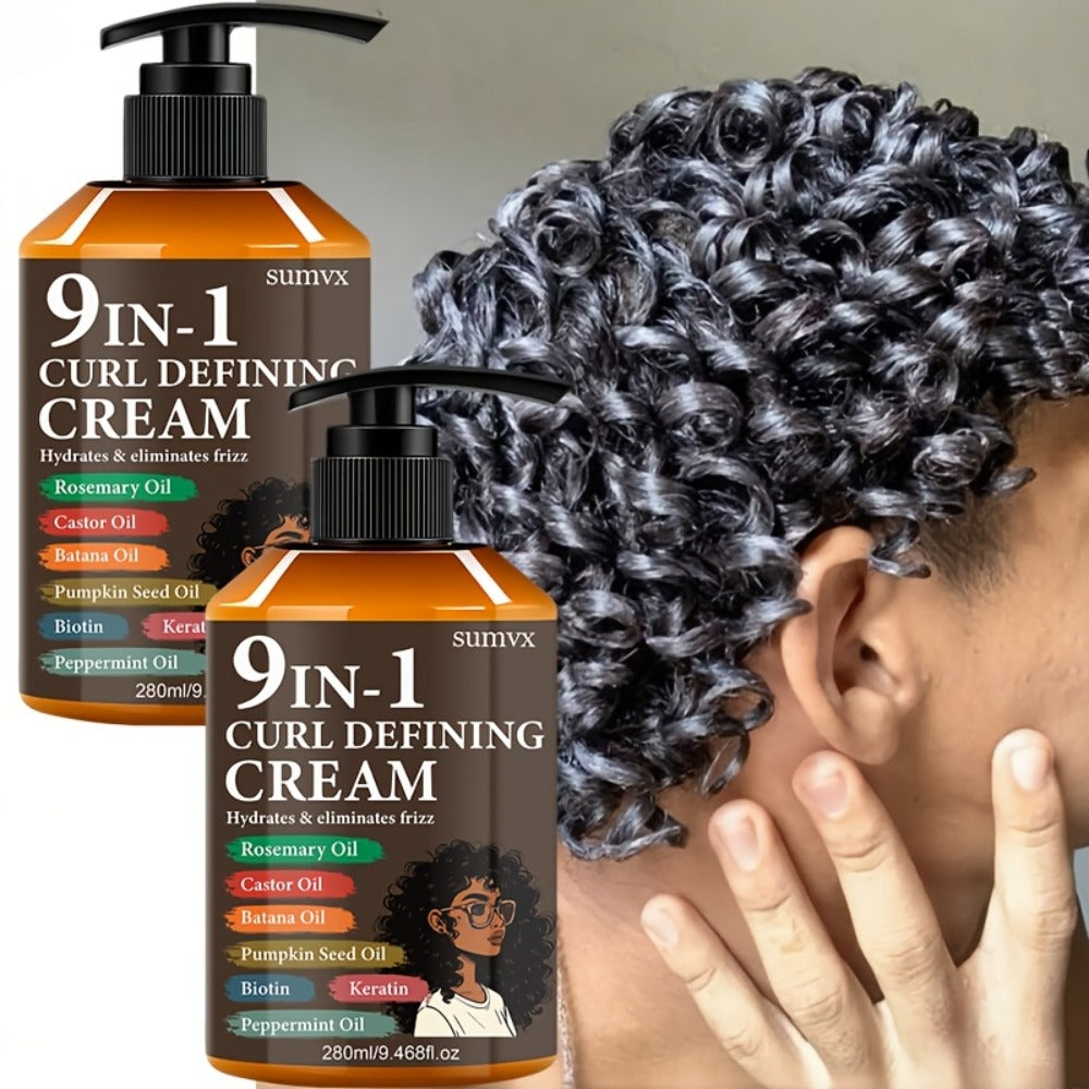 Curl Defining Cream 9-in-1 Moisturizing Curl Styling Cream — Long-Lasting Hold, Frizz Control, Non-Greasy, for Wavy, Curly & Normal Hair, Unisex, 9.468 fl oz × 2 Pack