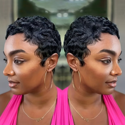Human Hair Pixie Cut Wig for Women — Brazilian Deep Wave Short Wig with Bangs, 150% Density, Glueless Rose Net Cap, Natural Layered Style, Daily & Party Wear, All Occasions