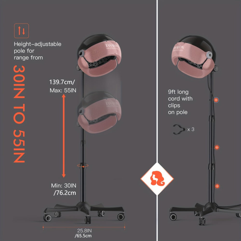 Ionic Hooded Hair Dryer, 1875W Professional Standing Hair Dryer Bonnet with 3 Temperature Settings, Height Adjustable Rolling Hair Dryer On Wheels, Sit Under Hair Dryer for Home & Salon